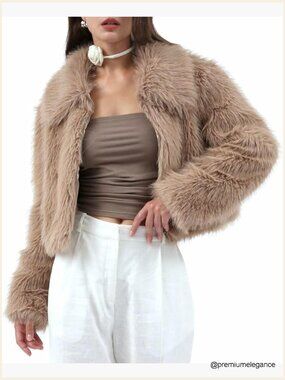 Faux Fur Zip-Up Cropped Jacket Long Sleeve Warm Winter Coat